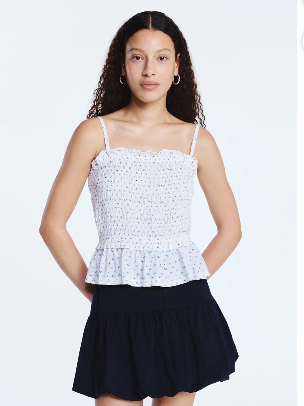 Free Assembly Blue Flower Print Smocked Peplum Hem Adjustable Straps Top